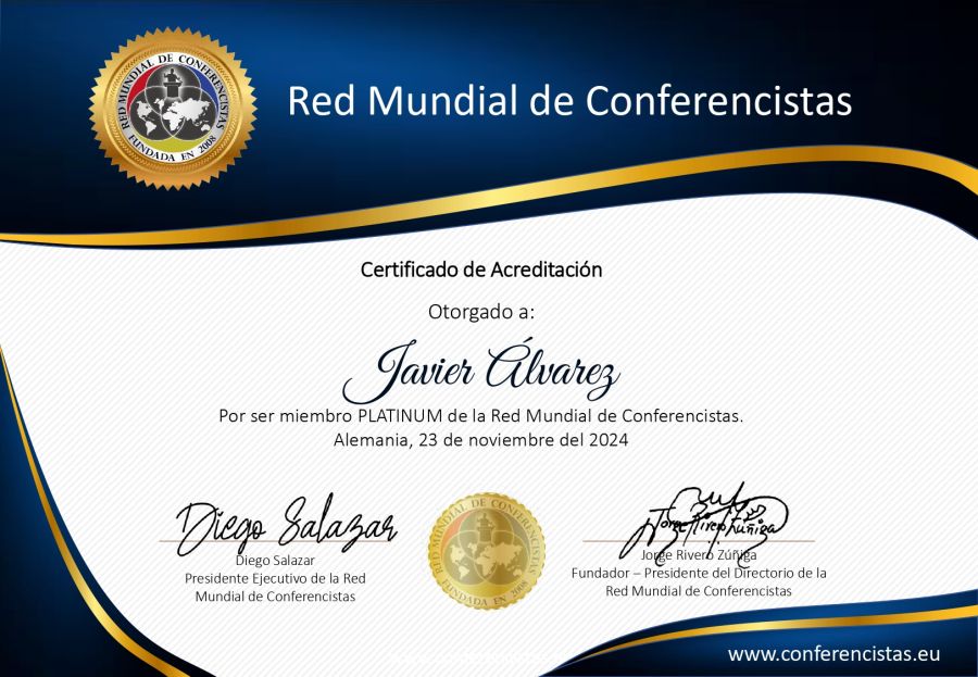 Certificado de Acreditación del Conferencista Internacional Javier Álvarez